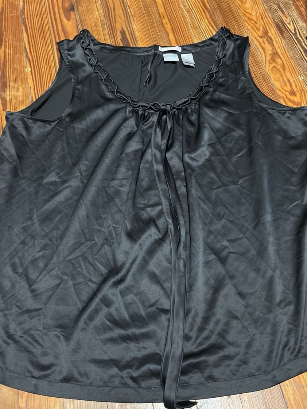 Emma James Black Satin Sleeveless Pleated Neck Tie Top